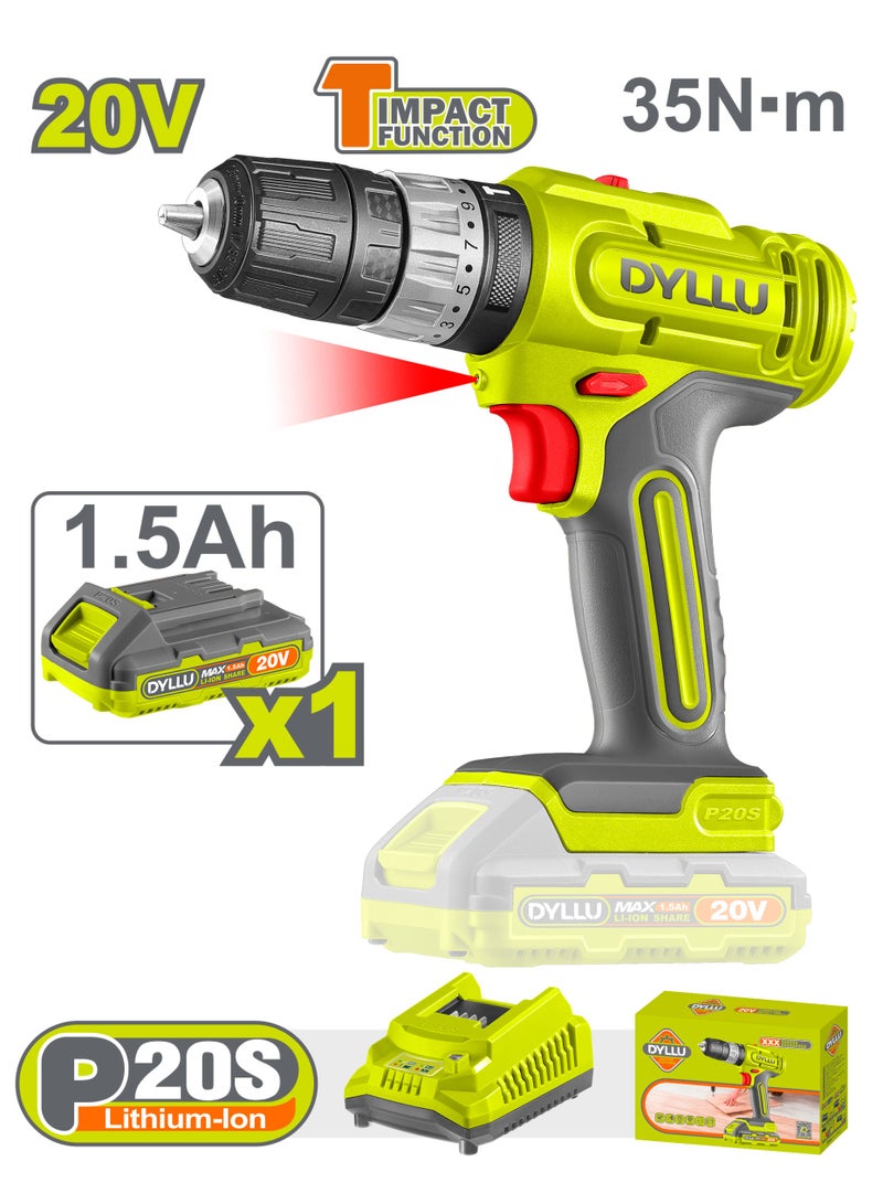 DYLLU 20V Cordless Impact Drill 35Nm 22500BPM – 2-Speed Hammer Drill Kit