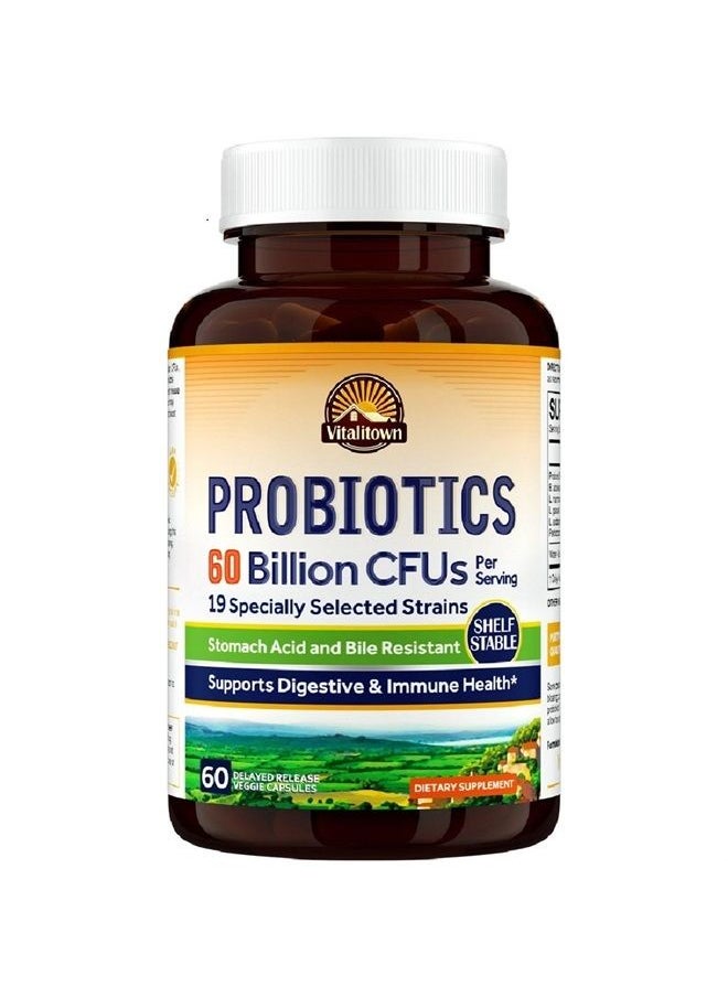 Vitalitown Probiotics + Prebiotics | 60 Billion CFUs 19 Strains | 60 Delayed Release Veg Caps | Shelf Stable, Stomach Acid & Bile Resistant | Digestive & Immune Support | Vegan, Non-GMO, No Dairy  - Image 1