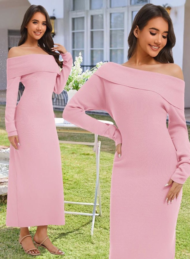 Simlakey Women's Off Shoulder Bodycon Sweater Dress Long Sleeve Fall Maxi Dress Elegant Cocktail Party Long Dresses, Pink, S - Image 2