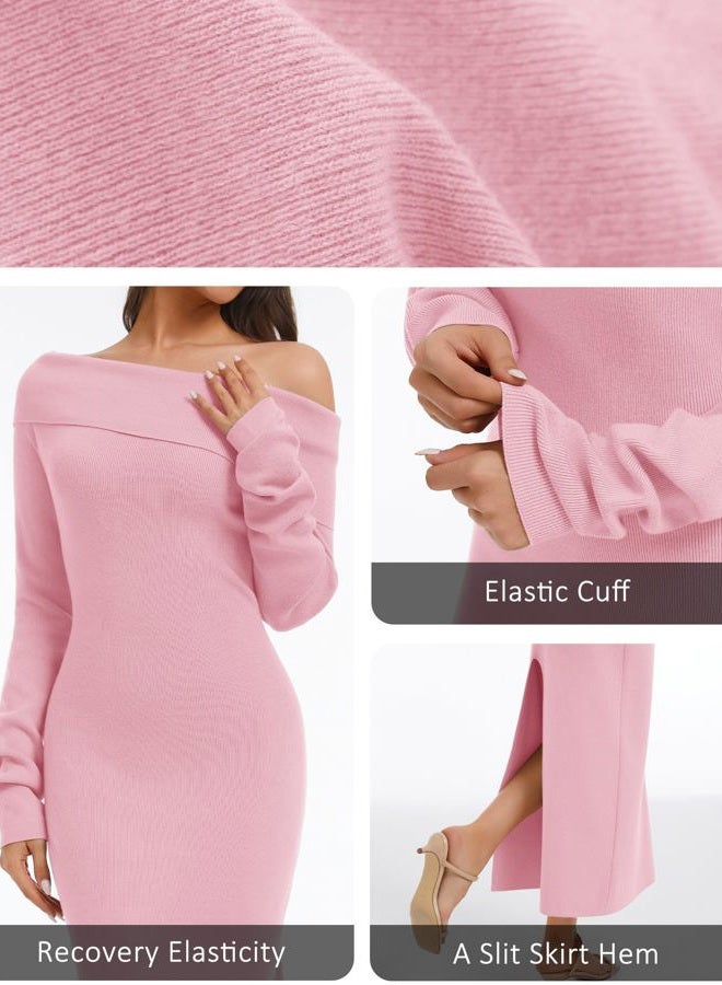 Simlakey Women's Off Shoulder Bodycon Sweater Dress Long Sleeve Fall Maxi Dress Elegant Cocktail Party Long Dresses, Pink, S - Image 5