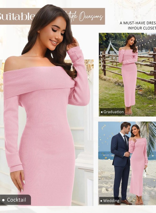 Simlakey Women's Off Shoulder Bodycon Sweater Dress Long Sleeve Fall Maxi Dress Elegant Cocktail Party Long Dresses, Pink, S - Image 4