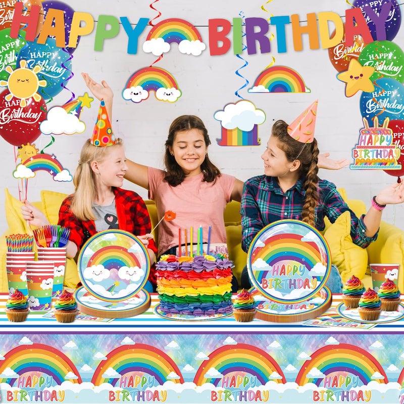 Cocomigo 179pcs Rainbow Birthday Decorations for Kids, Includes 300gsm Sturdy Plates and 2 Tablecloths Balloons Rainbow Happy Birthday Banner for Colorful Parties and Celebrations - Image 2