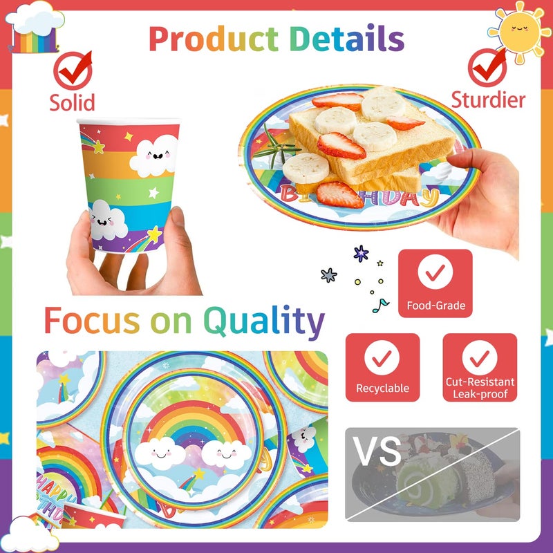 Cocomigo 179pcs Rainbow Birthday Decorations for Kids, Includes 300gsm Sturdy Plates and 2 Tablecloths Balloons Rainbow Happy Birthday Banner for Colorful Parties and Celebrations - Image 5