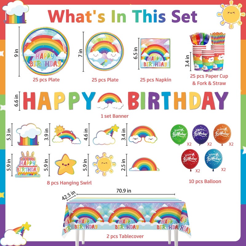 Cocomigo 179pcs Rainbow Birthday Decorations for Kids, Includes 300gsm Sturdy Plates and 2 Tablecloths Balloons Rainbow Happy Birthday Banner for Colorful Parties and Celebrations - Image 3