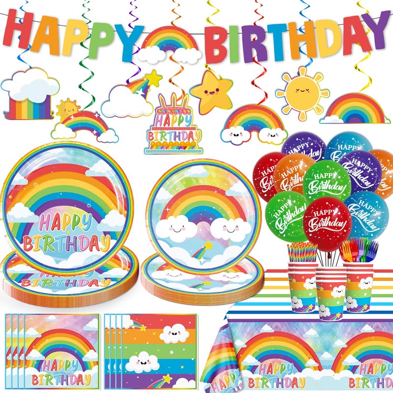 Cocomigo 179pcs Rainbow Birthday Decorations for Kids, Includes 300gsm Sturdy Plates and 2 Tablecloths Balloons Rainbow Happy Birthday Banner for Colorful Parties and Celebrations - Image 1