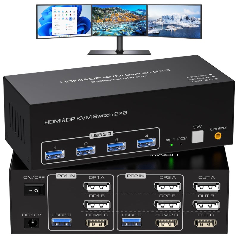 ATLAHET 8K HDMI 2 Displayport KVM Switch 3 Monitors 2 Computers DP 1.4 8K 60Hz 4K 120Hz Display Port for Two PC Share Triple Monitor and 4 USB 3.0 Peripherals Support Extended and Duplicate Mode - Image 1