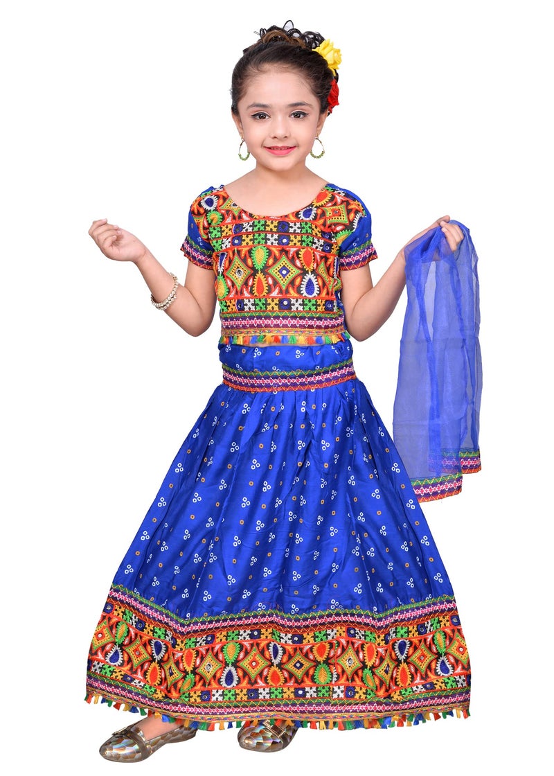 AHHAAAA Kids Ethnic Cotton Blend Radha Dress Lehenga Choli Chania Choli Set For Baby Girls (Blue, 3-4 Yrs) | Finish Type: Readymade - Image 1