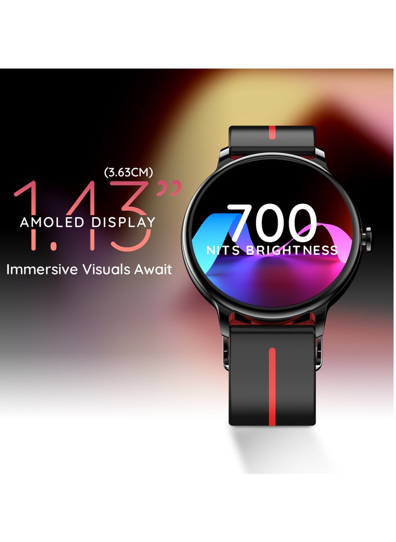 Pebble - Pebble 1.43" ( 3.63 cm) Amoled Tru Bazel-Less 700 nits Display, BT Calling Smartwatch, Always On, Health Suite, Metal Alloy, Multi Spots mode, unisex design, smart calculator, Alarm & Notifcation - Black Red - Image 1