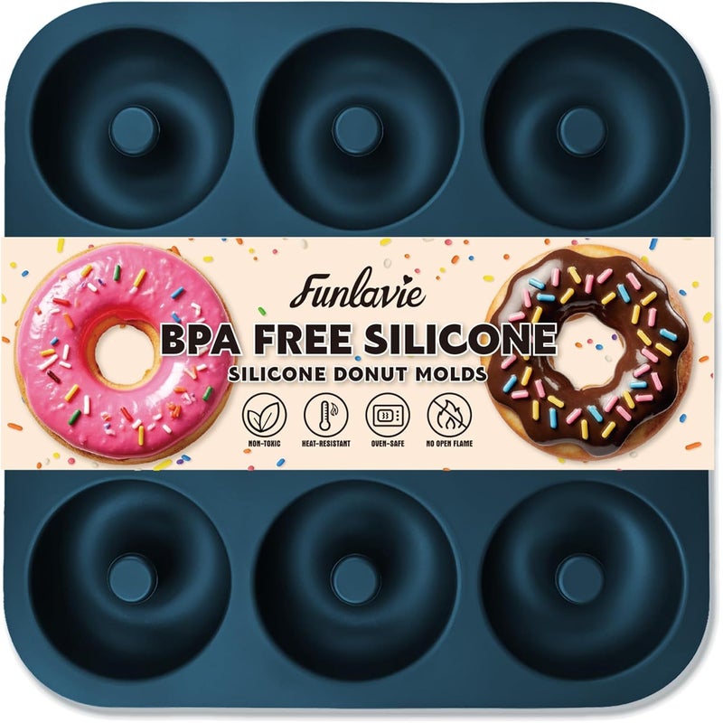 FunLavie Large Silicone Donut Pan for Baking, 9 Cavity Non-Stick Food Grade Silicone Donut Molds, Doughnut Pan and Bagel Pans for Baking & Kitchen, BPA Free 11.2 x 11.1 Inches, Dishwasher Safe - Blue - Image 1