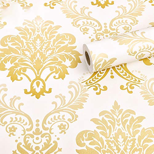 Wolpin Floral Damask Self Adhesive Wallpaper (45 x 1000 CM, Gold) | DIY Wall Sticker for Living Room, Hall, Sofa Background | Peel & Stick PVC Vinyl Decoration Sheet in Gold for Home Interior Makeover - Image 1