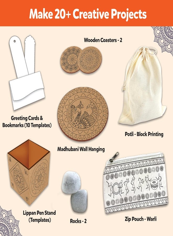 Little Berry Indian Art Forms Kits | Paper, Wood Ultimate 6 in 1 DIY Art & Craft Kit for Kids | Create 20+ Projects | Learn Lippan, Warli, Block Printing, Mandala & Madhubani Painting Kit | DIY Toys - Image 5