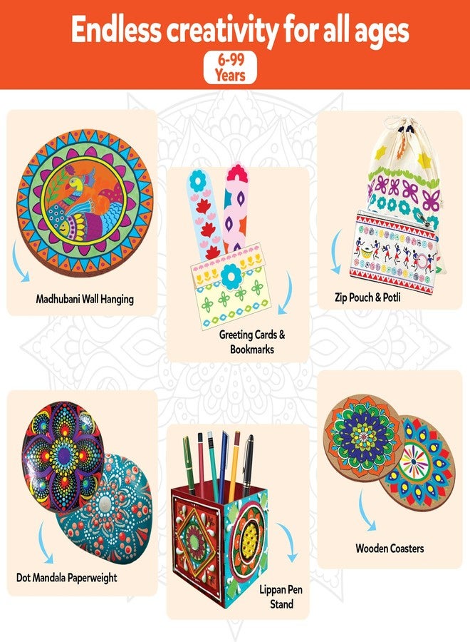Little Berry Indian Art Forms Kits | Paper, Wood Ultimate 6 in 1 DIY Art & Craft Kit for Kids | Create 20+ Projects | Learn Lippan, Warli, Block Printing, Mandala & Madhubani Painting Kit | DIY Toys - Image 4