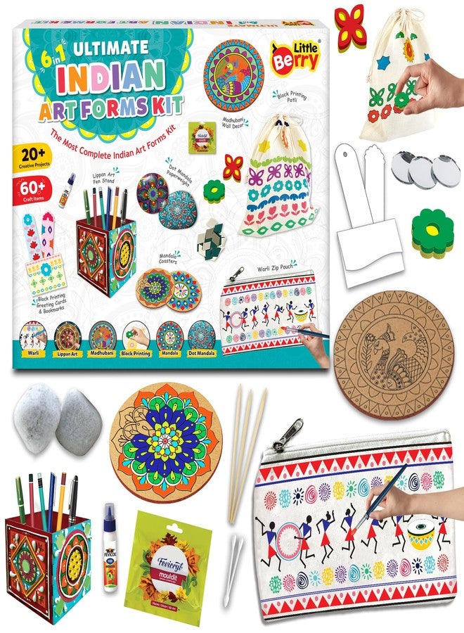 Little Berry Indian Art Forms Kits | Paper, Wood Ultimate 6 in 1 DIY Art & Craft Kit for Kids | Create 20+ Projects | Learn Lippan, Warli, Block Printing, Mandala & Madhubani Painting Kit | DIY Toys - Image 1