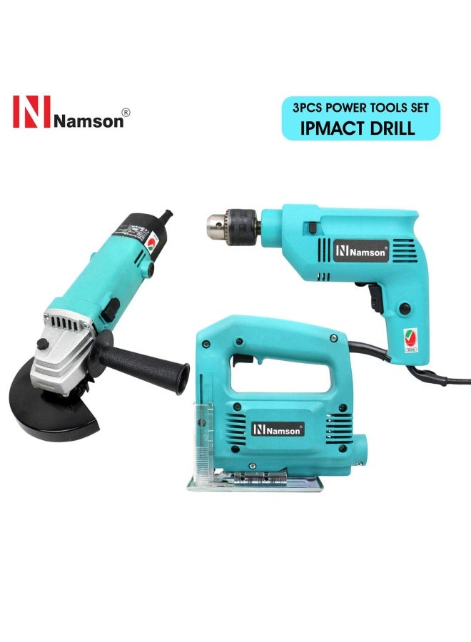NAMSON 3 Pieces Power Tools Set Ipmact Drill 450W+Angle Grinder 500+Jigsaw 350W Sa-Ptg3N 220-240V 50-60 Hz - Image 1