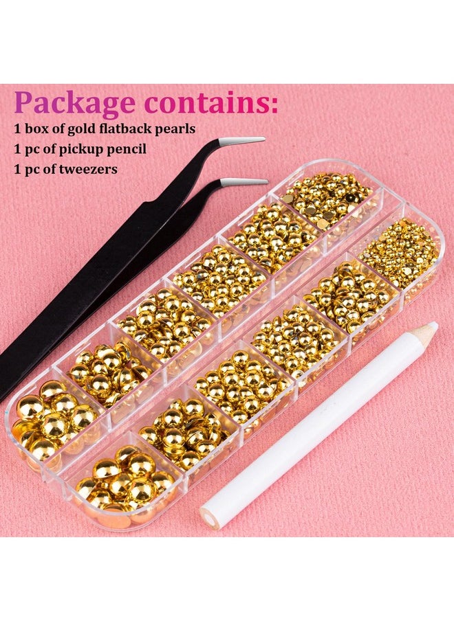 BELLEBOOST Belleboost Flat Back Pearls Kits 1 Box of Flatback Gold Half Round Pearls with Pickup Pencil and Tweezer for Home DIY and Professional Nail Art, Face Makeup and Craft  - Image 2