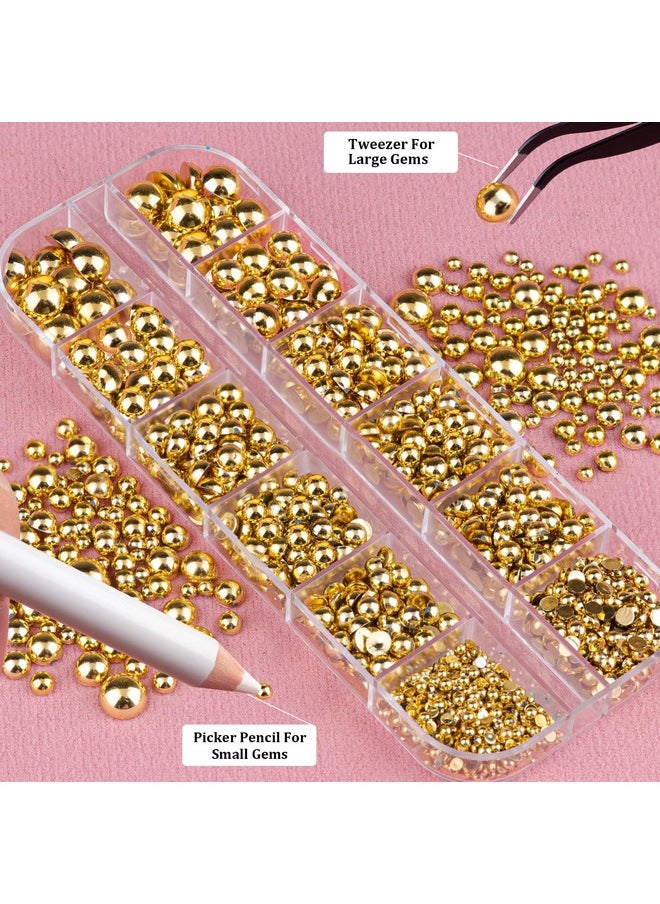 BELLEBOOST Belleboost Flat Back Pearls Kits 1 Box of Flatback Gold Half Round Pearls with Pickup Pencil and Tweezer for Home DIY and Professional Nail Art, Face Makeup and Craft  - Image 4