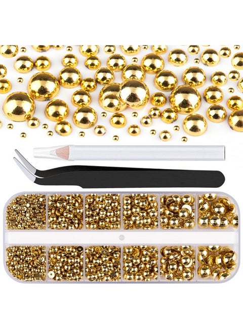 Belleboost Flat Back Pearls Kits 1 Box of Flatback Gold Half Round Pearls with Pickup Pencil and Tweezer for Home DIY and Professional Nail Art, Face Makeup and Craft