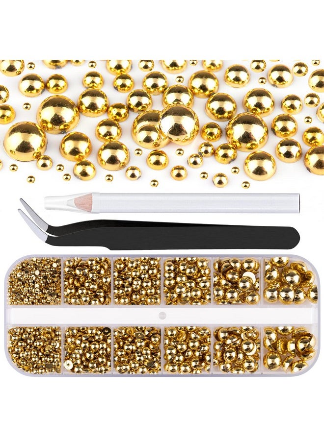 BELLEBOOST Belleboost Flat Back Pearls Kits 1 Box of Flatback Gold Half Round Pearls with Pickup Pencil and Tweezer for Home DIY and Professional Nail Art, Face Makeup and Craft  - Image 1