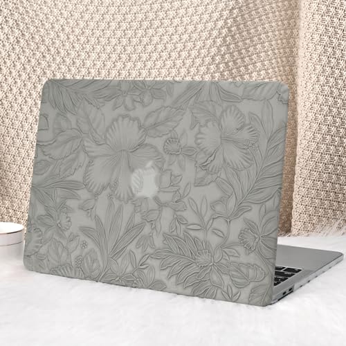 Seorsok Compatible with MacBook Pro 13 inch Case M2 2023,2022,2021-2016 A2338 M1 A2251 A2289 A2159 A1989 A1708 A1706,Leaves Flowers Leather Hard Shell Case with Keyboard Cover,Grey Blooming Floral - Image 1