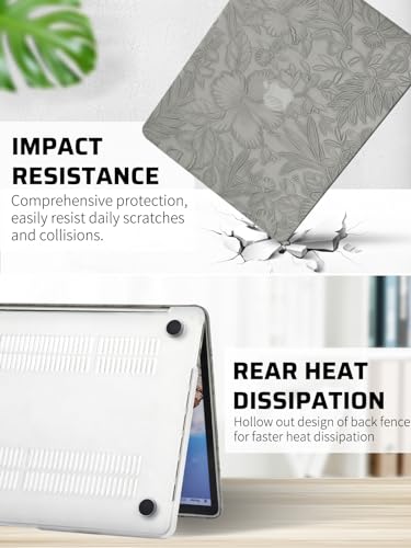 Seorsok Compatible with MacBook Pro 13 inch Case M2 2023,2022,2021-2016 A2338 M1 A2251 A2289 A2159 A1989 A1708 A1706,Leaves Flowers Leather Hard Shell Case with Keyboard Cover,Grey Blooming Floral - Image 5
