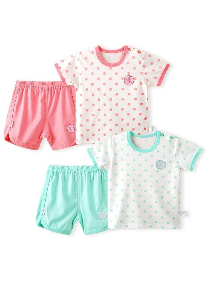 طقم مكون من قطعتين من تي شيرت وشورت قطني لطيف للفتيات الصغيرات باللون الخوخي والأخضر (24-36 شهرًا)