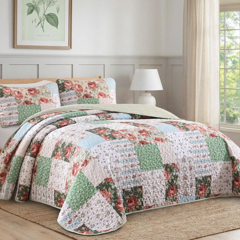 Anibedding 3 Pieces Green Patchwork Quilt Set Queen Size, Bohemian Red Flower Green Plaid Bedspread Coverlet Set with Pillowcases, Soft Microfiber Summer Quilt Bed Cover for All Season (96''x90'') - Image 2
