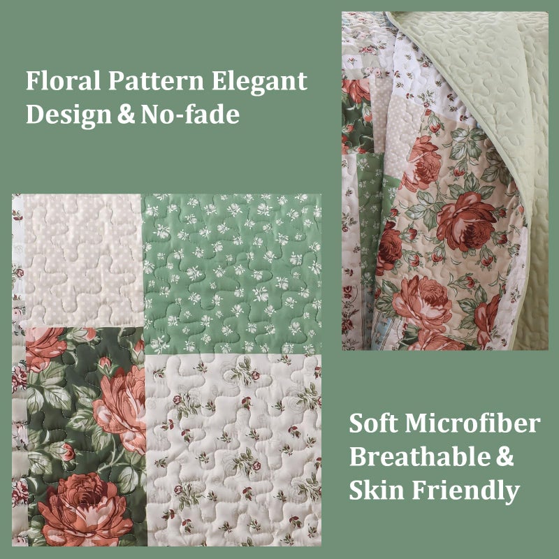 Anibedding 3 Pieces Green Patchwork Quilt Set Queen Size, Bohemian Red Flower Green Plaid Bedspread Coverlet Set with Pillowcases, Soft Microfiber Summer Quilt Bed Cover for All Season (96''x90'') - Image 3