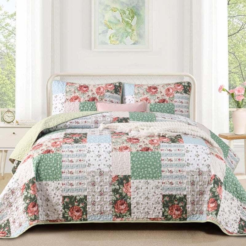 Anibedding 3 Pieces Green Patchwork Quilt Set Queen Size, Bohemian Red Flower Green Plaid Bedspread Coverlet Set with Pillowcases, Soft Microfiber Summer Quilt Bed Cover for All Season (96''x90'') - Image 1