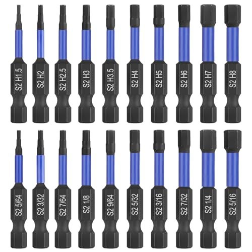 HPHOPE Impact Hex Head Allen Wrench Drill Bit Set 20 Pcs MetricSAE S2 Steel Hex Bits Set 14 Hex Shank with Magnetism 50mm Long with Storage Box