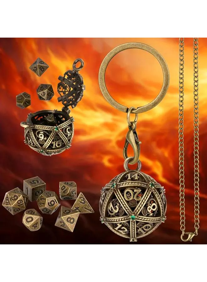 كرة مفتاح معدنية فضية عميقة لكرة بلورية خضراء قديمة مع قفص D20 ومجموعة نرد متعدد السطوح - Image 5