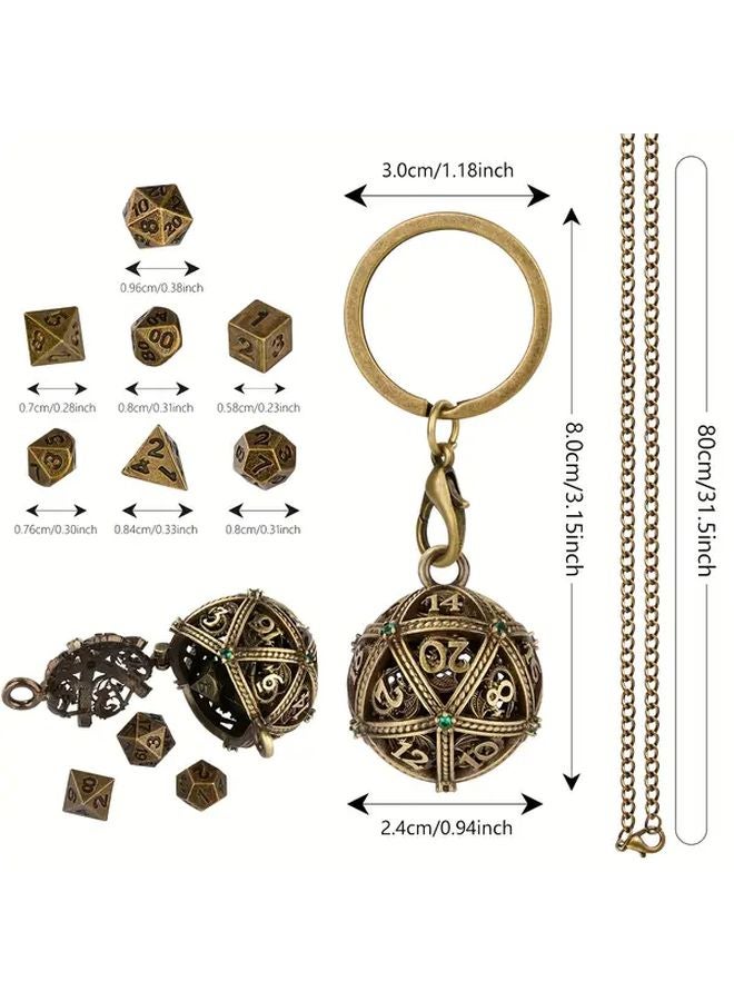 كرة مفتاح معدنية فضية عميقة لكرة بلورية خضراء قديمة مع قفص D20 ومجموعة نرد متعدد السطوح - Image 3