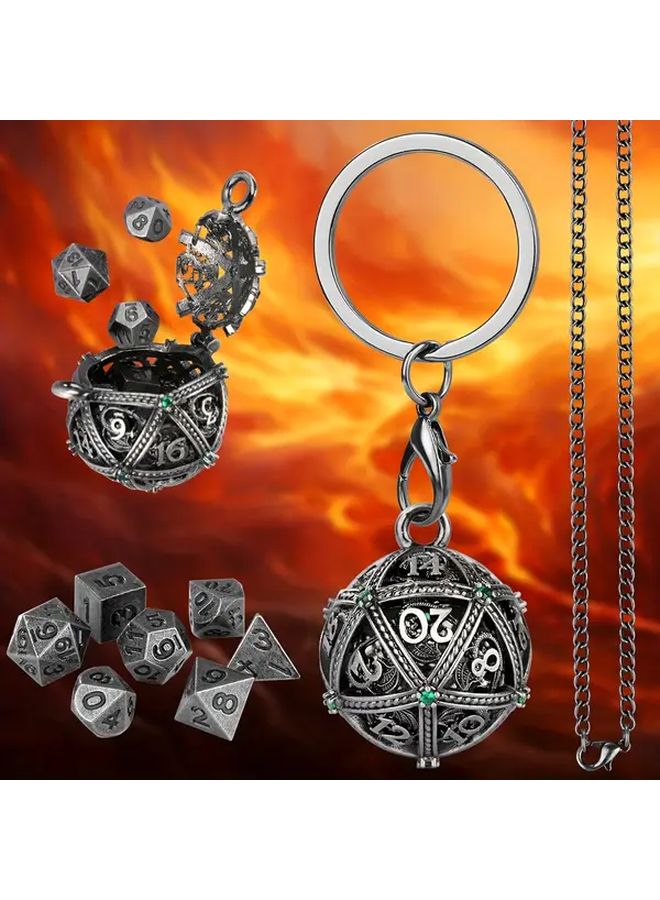 كرة مفتاح معدنية فضية عميقة لكرة بلورية خضراء قديمة مع قفص D20 ومجموعة نرد متعدد السطوح - Image 2