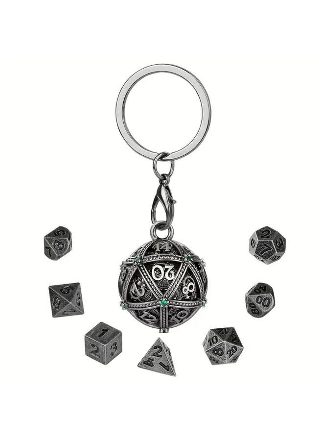 كرة مفتاح معدنية فضية عميقة لكرة بلورية خضراء قديمة مع قفص D20 ومجموعة نرد متعدد السطوح - Image 1