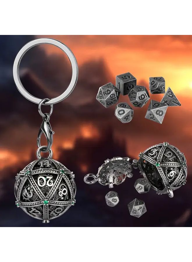 كرة مفتاح معدنية فضية عميقة لكرة بلورية خضراء قديمة مع قفص D20 ومجموعة نرد متعدد السطوح - Image 4
