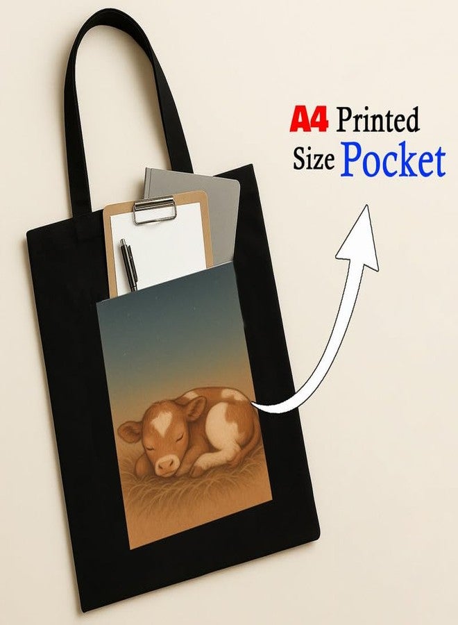 Megrok Peaceful Calf Tote Bag for Women | Front A4 Size Printed Pocket | 16x14 Inch Countryside Cotton Bag | Rural Retreat Companion - Image 2