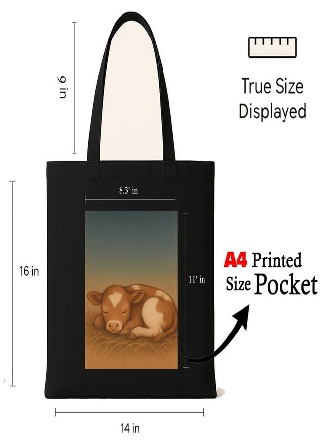 Megrok Peaceful Calf Tote Bag for Women | Front A4 Size Printed Pocket | 16x14 Inch Countryside Cotton Bag | Rural Retreat Companion - Image 3