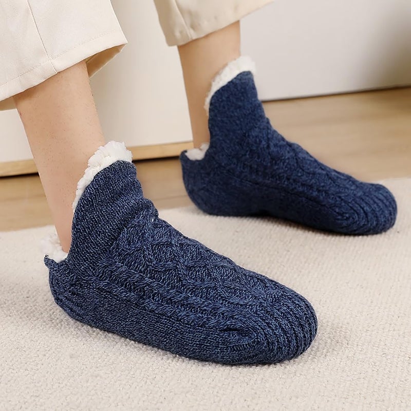 Backche Unisex Fluffy Fuzzy Warm Slipper Socks for Men Women, Thick Fleece Lined Non-Slip Socks Indoor Floor Navy Blue - Image 2