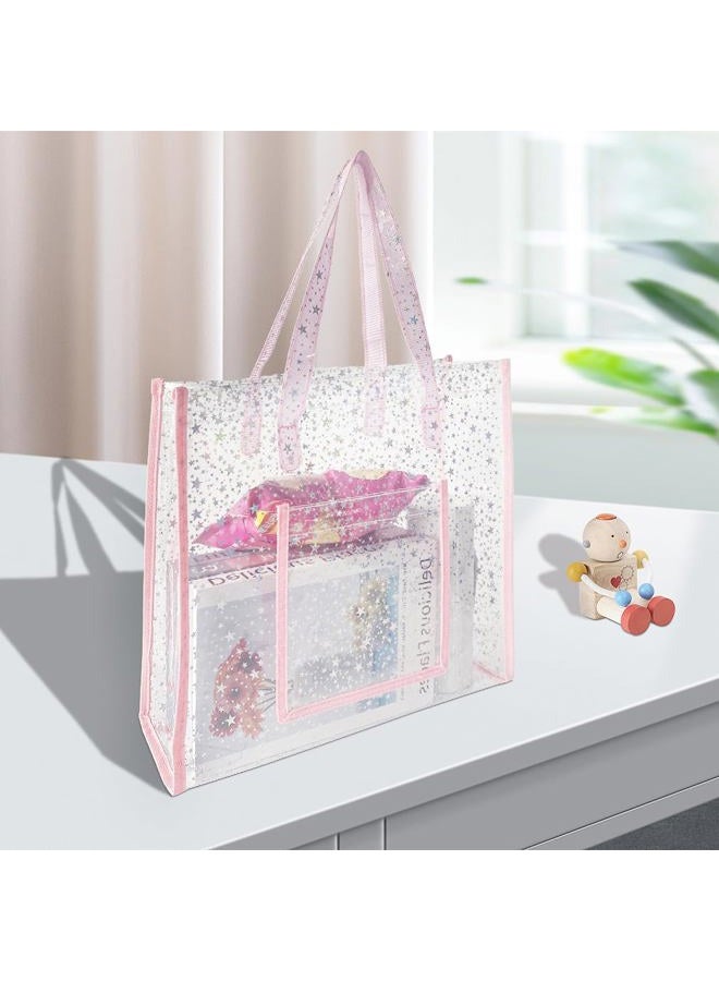 TotePrint حقيبة توت شفافة من PVC مع طباعة نجوم وردية، إغلاق بسحاب للتسوق 13.38"x4.33"x12.96"، D2052-1-349-01، كبيرة - Image 3