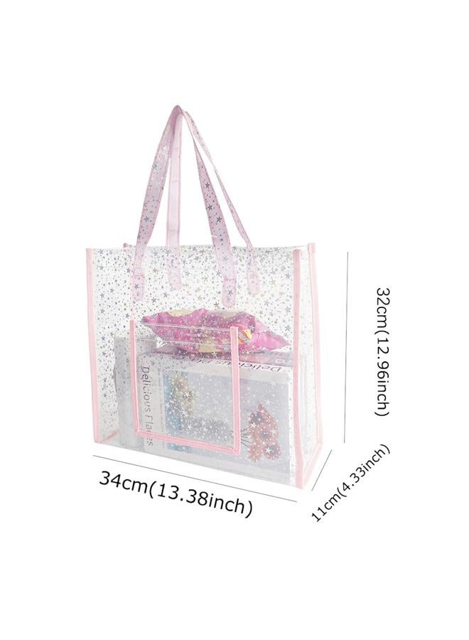 TotePrint حقيبة توت شفافة من PVC مع طباعة نجوم وردية، إغلاق بسحاب للتسوق 13.38"x4.33"x12.96"، D2052-1-349-01، كبيرة - Image 2