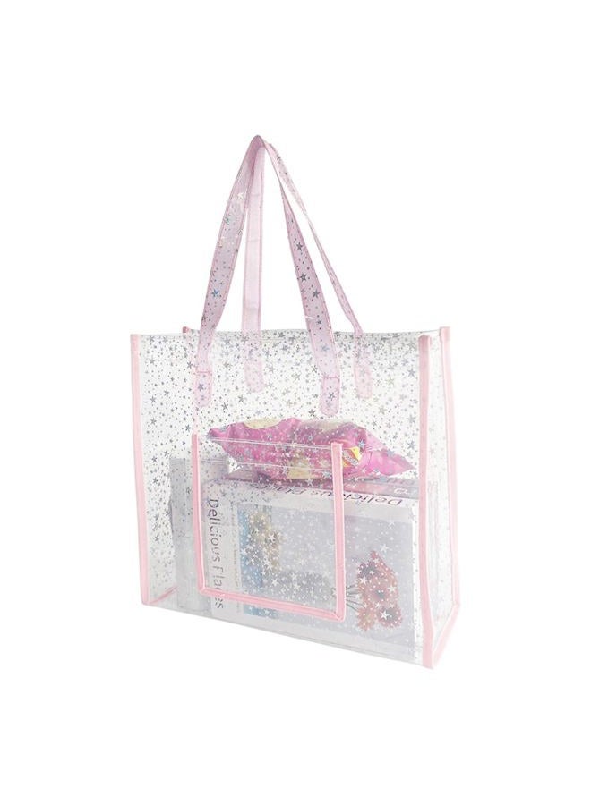 TotePrint حقيبة توت شفافة من PVC مع طباعة نجوم وردية، إغلاق بسحاب للتسوق 13.38"x4.33"x12.96"، D2052-1-349-01، كبيرة - Image 1