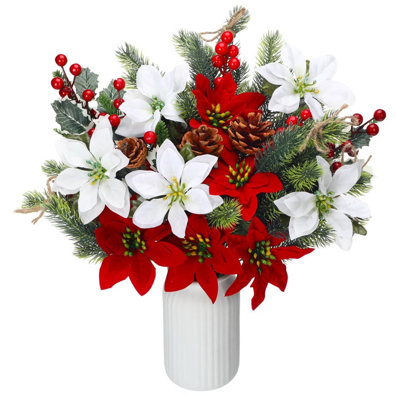 Craftsatin 20 Pcs Artificial Christmas Flowers Bouquet Poinsettia Pine Cones Red Holly Berries Stems Floral Picks Branches for Christmas Tree Decoration Vase Crafts Holiday WreathRed Green White
