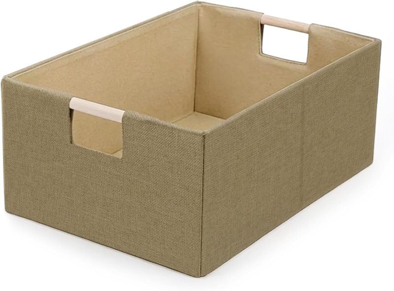 Fabric Storage Cube 16.5x12.2x6.7 Inch Sturdy Chipboard Base Rectangular Storage Basket - Dual Wooden Handles Collapsible Storage Box for Closet Shelf Pantry Home Decor - Image 2