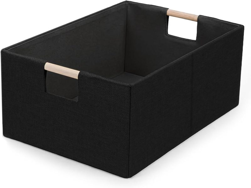 Fabric Storage Cube 16.5x12.2x6.7 Inch Sturdy Chipboard Base Rectangular Storage Basket - Dual Wooden Handles Collapsible Storage Box for Closet Shelf Pantry Home Decor - Image 3