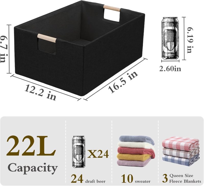 Fabric Storage Cube 16.5x12.2x6.7 Inch Sturdy Chipboard Base Rectangular Storage Basket - Dual Wooden Handles Collapsible Storage Box for Closet Shelf Pantry Home Decor - Image 5