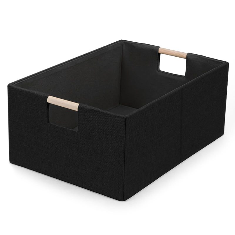 Fabric Storage Cube 16.5x12.2x6.7 Inch Sturdy Chipboard Base Rectangular Storage Basket - Dual Wooden Handles Collapsible Storage Box for Closet Shelf Pantry Home Decor - Image 1