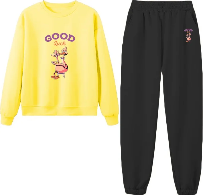 دوغ فش Tracksuit Set Oversize Good Luck Printed Tracksuit Set,lover,couple Combination Yellow