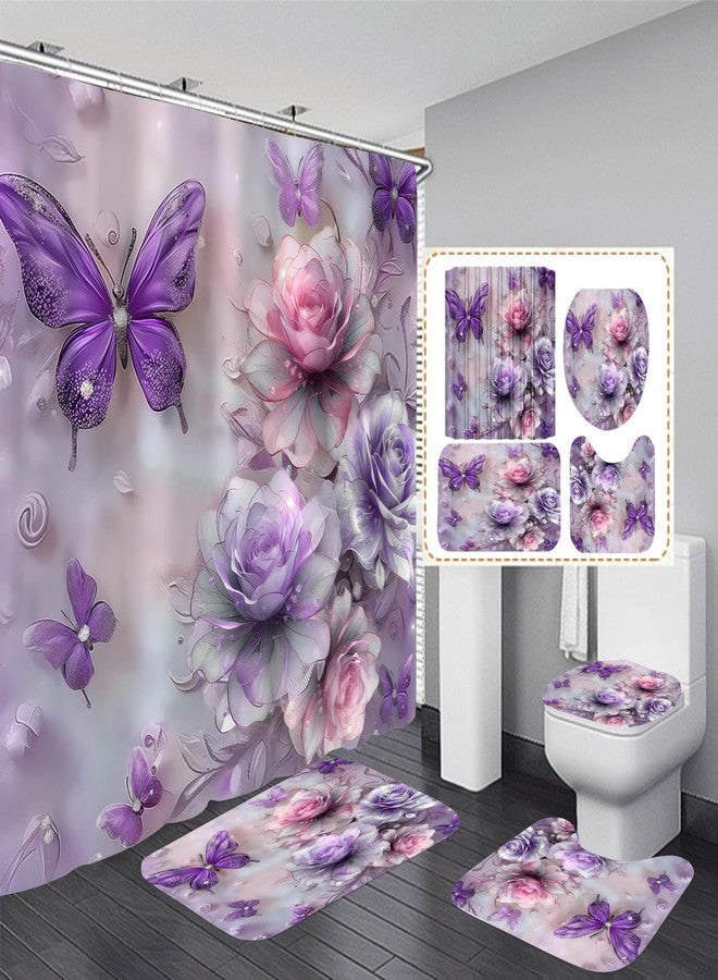DDQQ 4Pcs Purple Glitter Floral Shower Curtain Set Bathroom Sets Butterfly Diamond Shower Curtain with 12 Hooks Bathroom Decor with Rugs Bath Accessories with Mats Toilet Lid Cover - Image 1