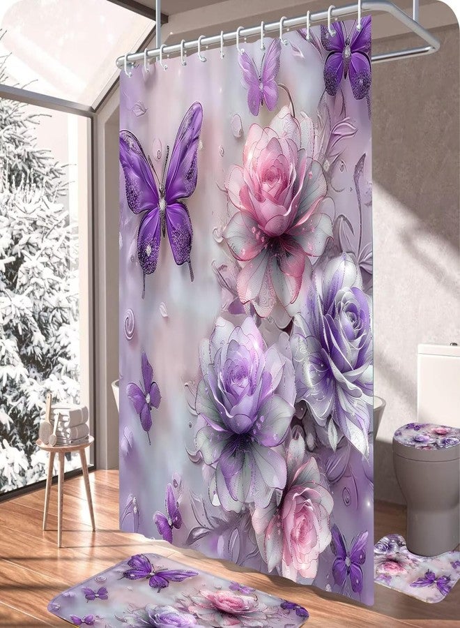 DDQQ 4Pcs Purple Glitter Floral Shower Curtain Set Bathroom Sets Butterfly Diamond Shower Curtain with 12 Hooks Bathroom Decor with Rugs Bath Accessories with Mats Toilet Lid Cover - Image 5