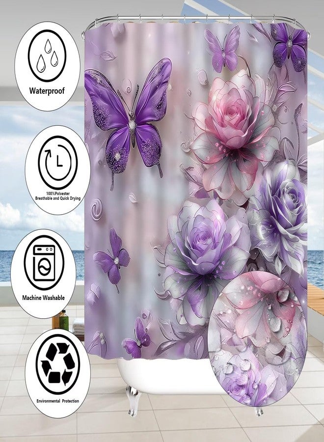 DDQQ 4Pcs Purple Glitter Floral Shower Curtain Set Bathroom Sets Butterfly Diamond Shower Curtain with 12 Hooks Bathroom Decor with Rugs Bath Accessories with Mats Toilet Lid Cover - Image 4