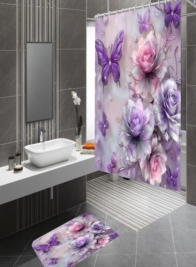 DDQQ 4Pcs Purple Glitter Floral Shower Curtain Set Bathroom Sets Butterfly Diamond Shower Curtain with 12 Hooks Bathroom Decor with Rugs Bath Accessories with Mats Toilet Lid Cover - Image 3
